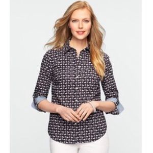 Talbots Swan Print Roll Tab Sleeve Cotton Button Down Shirt